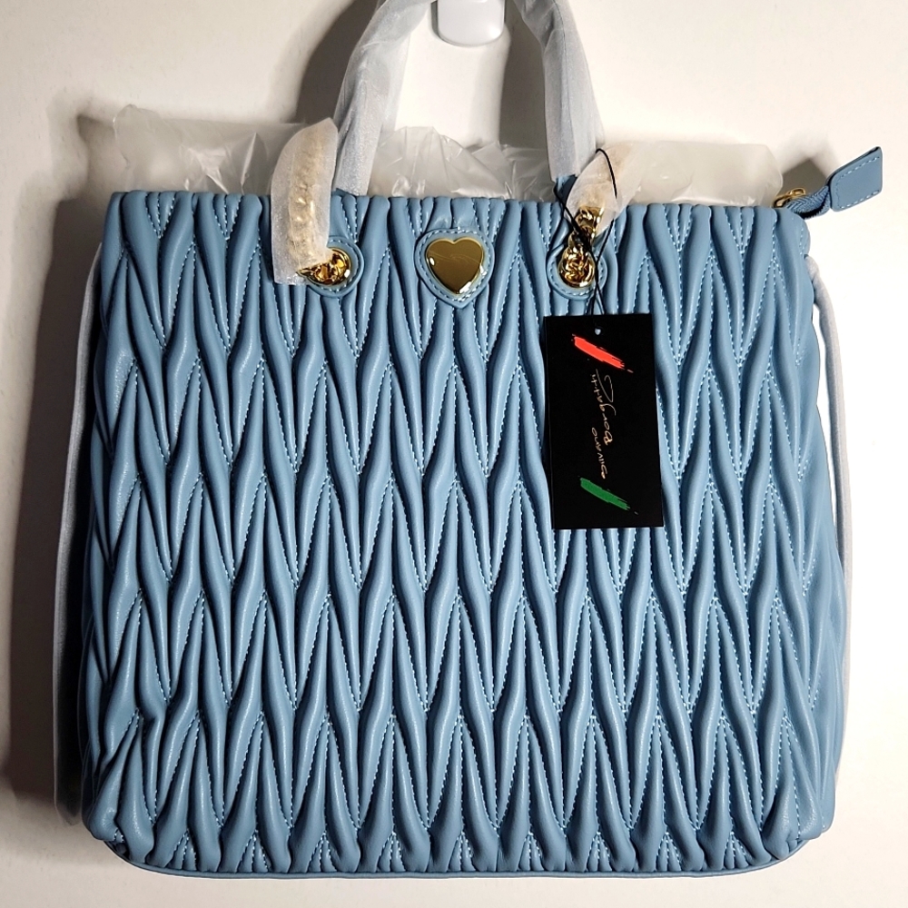 SB94700 SILVANO BORGATTI NWT Sky Blue Quilted 💯 ITALIAN LEATHER shoulder tote